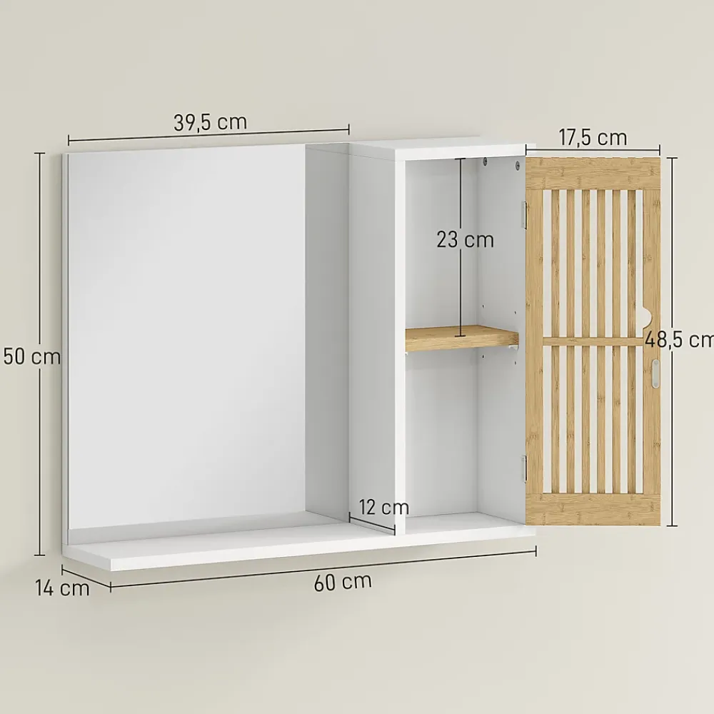 Armoire De Toilette|Homcom Miroir étagère style cosy - armoire miroir salle de bain 1 porte - bambou blanc