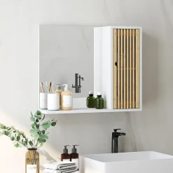 Armoire De Toilette|Homcom Miroir étagère style cosy - armoire miroir salle de bain 1 porte - bambou blanc