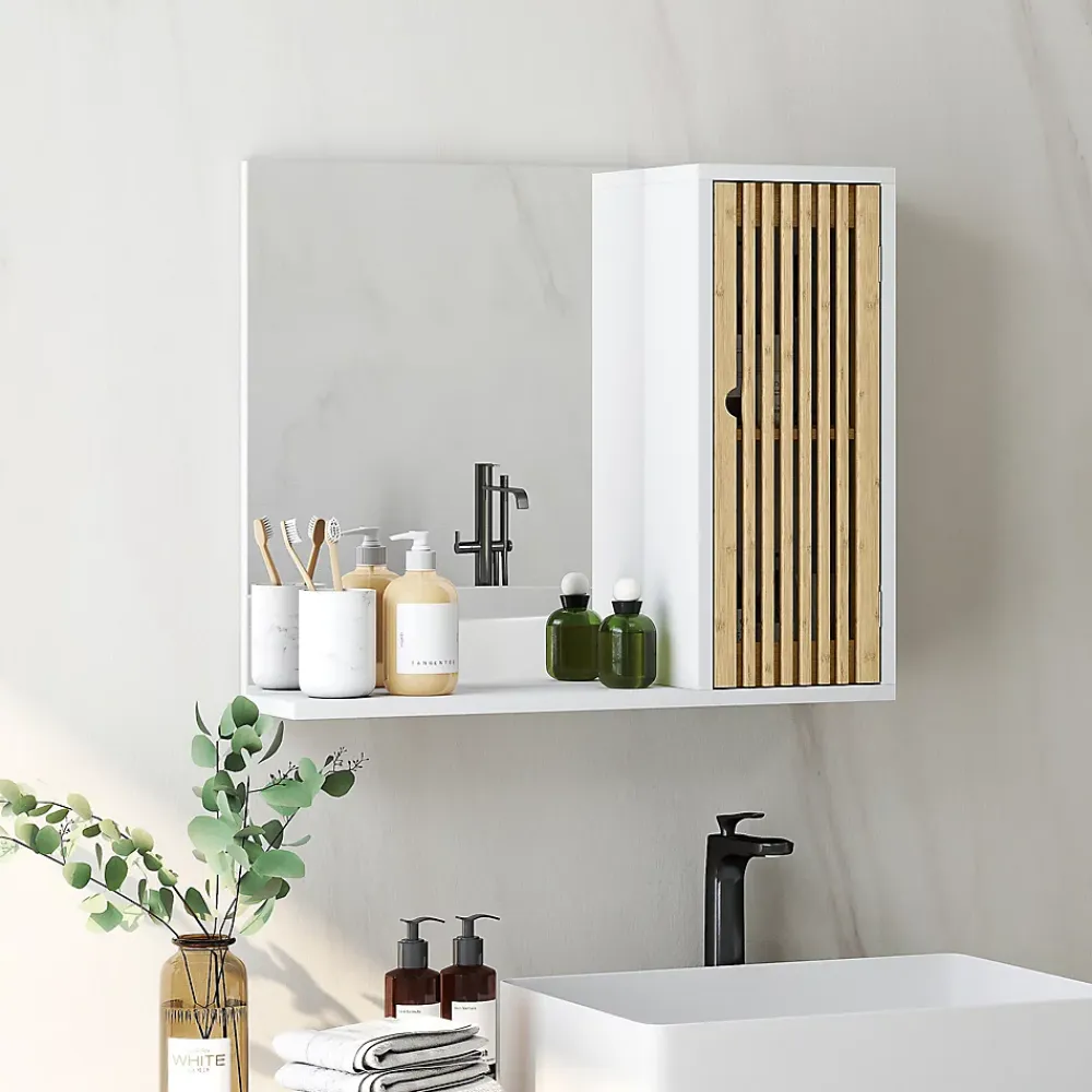 Armoire De Toilette|Homcom Miroir étagère style cosy - armoire miroir salle de bain 1 porte - bambou blanc