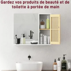 Armoire De Toilette|Homcom Miroir étagère style cosy - armoire miroir salle de bain 1 porte - bambou blanc