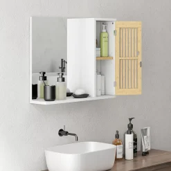 Armoire De Toilette|Homcom Miroir étagère style cosy - armoire miroir salle de bain 1 porte - bambou blanc