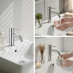 AICA Sanitaire Mitigeur acier inoxydable 304, pour cuisine/salle de bain/lavabo/toilettes invités, avec tuyau, eau chaude/froide, argent