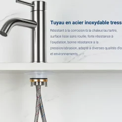 AICA Sanitaire Mitigeur acier inoxydable 304, pour cuisine/salle de bain/lavabo/toilettes invités, avec tuyau, eau chaude/froide, argent