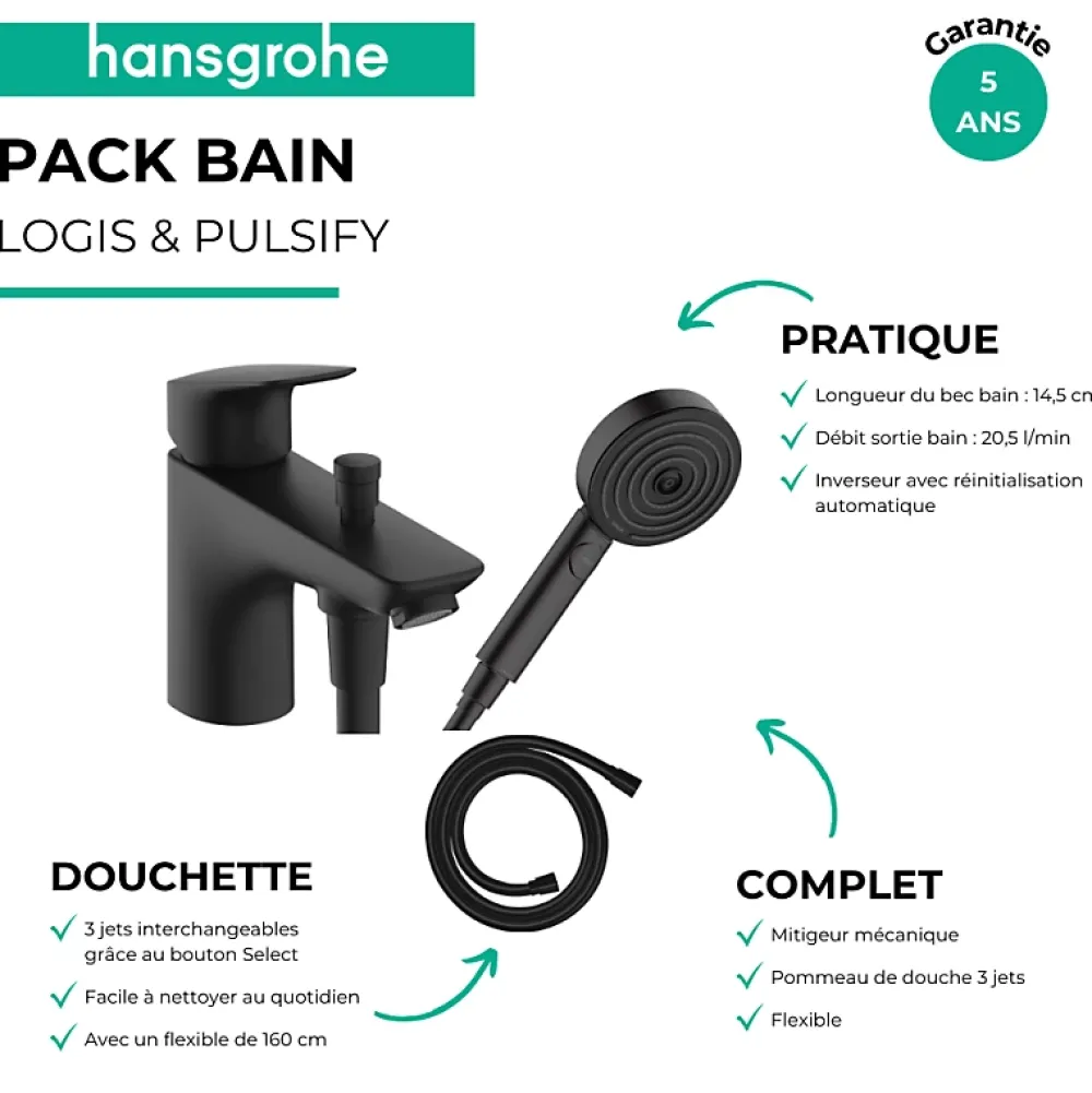 Hansgrohe Mitigeur baignoire mécanique Logis C2 + pack pommeau Pulsify Select 3 jets EcoSmart + flexible Isiflex 160 cm noir mat