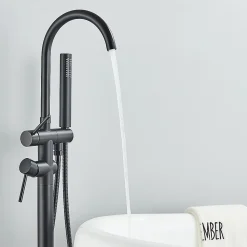 Signature Mitigeur baignoire îlot Noir mat, Bec cascade, Douchette, Laiton massif
