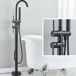 Signature Mitigeur baignoire îlot Noir mat, Bec cascade, Douchette, Laiton massif