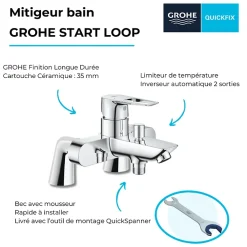Robinet De Baignoire|Grohe Mitigeur baignoire monocommande Start Loop chromé + Colonnettes Luxe chromé