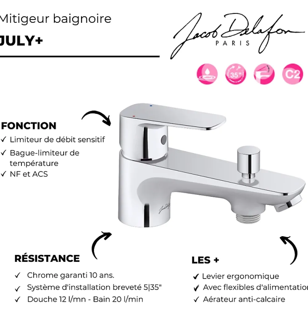Robinet De Baignoire|Jacob Delafon Mitigeur baignoire monotrou July+ chromé