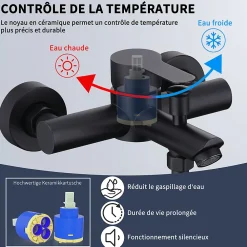 Homelody Mitigeur Bain Douche Mecanique Robinet de Douche Bain Mecanique Monocommande Double Sortie Mural Acier Inoxydable Noir