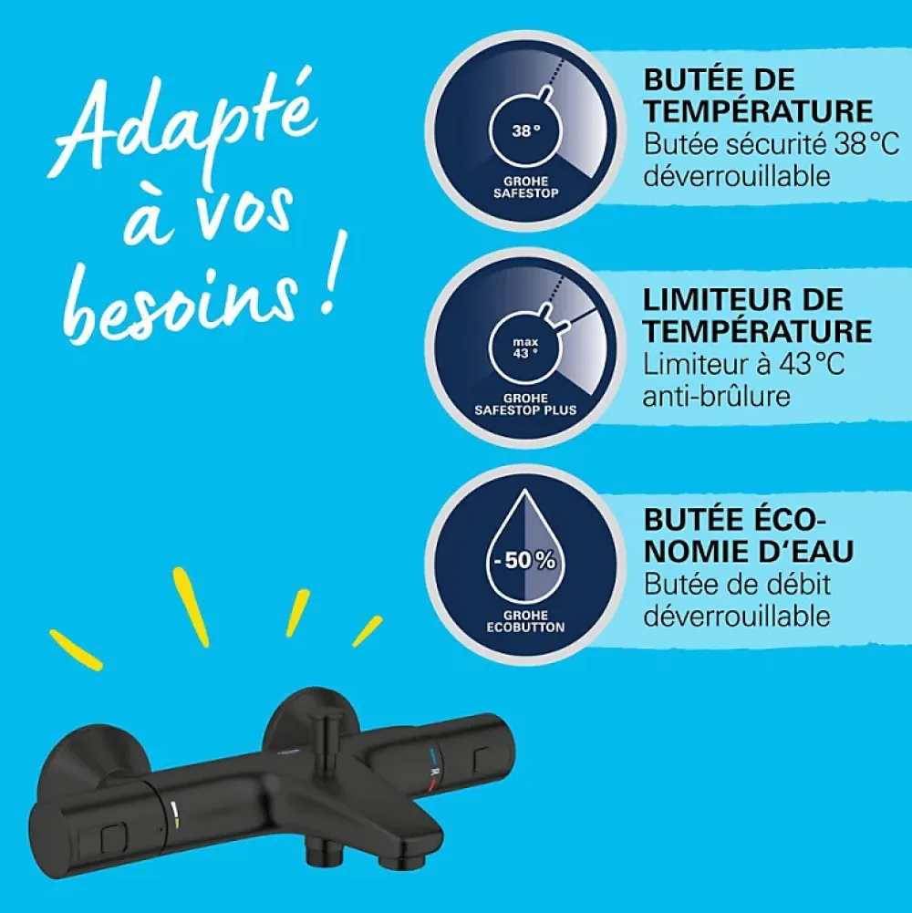 Robinet De Baignoire|Grohe Mitigeur bain douche thermostatique Precision Start noir