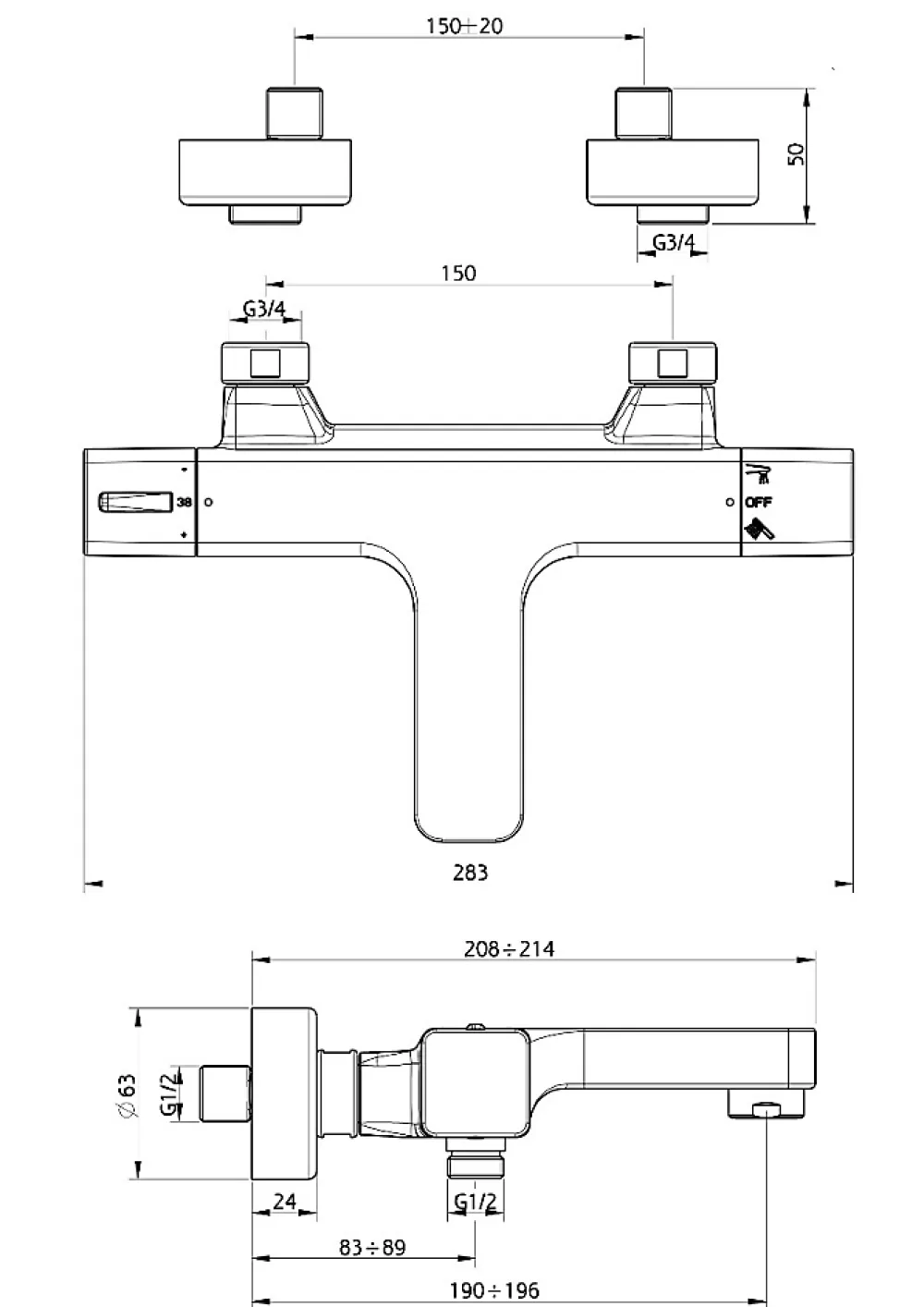 Robinet De Baignoire|Essebagno Mitigeur bain-douche thermostatique chromé Voluto