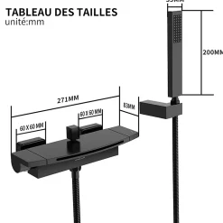 Homelody Mitigeur de Baignoire Mural avec Bec Cascade et Douchette a Main Flexible 1 5 m Laiton Noir Mat