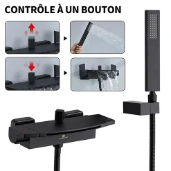 Homelody Mitigeur de Baignoire Mural avec Bec Cascade et Douchette a Main Flexible 1 5 m Laiton Noir Mat