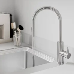 Evier Et Robinet De Buanderie|GoodHome Mitigeur de cuisine avec douchette effet inox brossé Zanthe