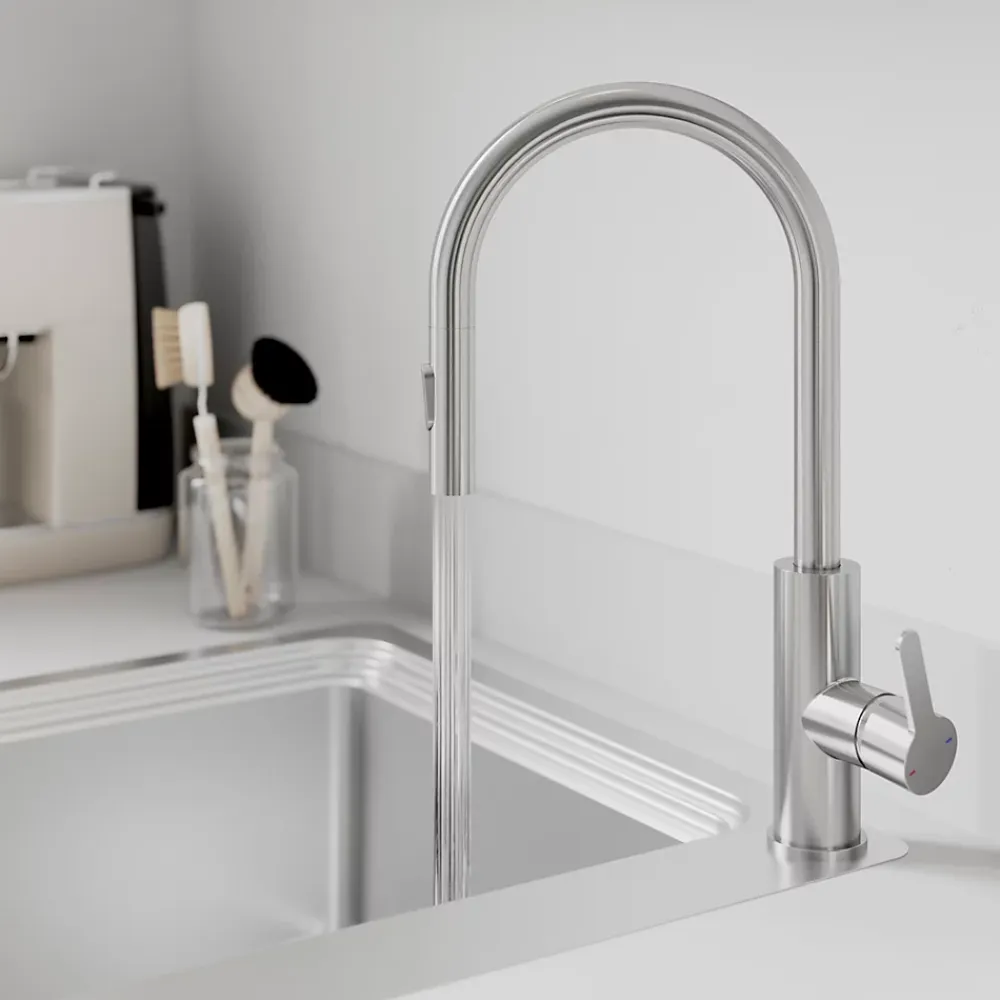 Evier Et Robinet De Buanderie|GoodHome Mitigeur de cuisine avec douchette effet inox brossé Zanthe
