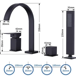 Robinet De Baignoire|Homelody Mitigeur de Douche et Robinet de Douche Bain-Douche 4 Trous Double Sortie Encastre en Laiton Noir Bec Cascade Pivotant 360