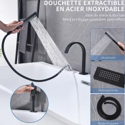 Robinet De Baignoire|Homelody Mitigeur de Douche et Robinet de Douche Bain-Douche 4 Trous Double Sortie Encastre en Laiton Noir Bec Cascade Pivotant 360