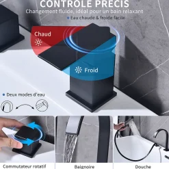 Robinet De Baignoire|Homelody Mitigeur de Douche et Robinet de Douche Bain-Douche 4 Trous Double Sortie Encastre en Laiton Noir Bec Cascade Pivotant 360