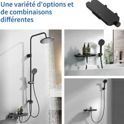 Homelody Mitigeur de Douche Robinet Douche Bain Douche Mural Monocommande à Bouton avec Double Sortie et Plateau Rangement Noir