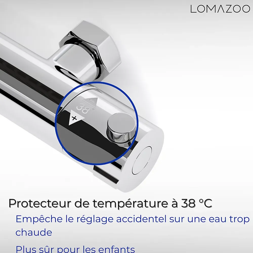 Lomazoo Mitigeur de douche thermostatique chromé - Entraxe 15 cm - avec bouton de sécurité 38C