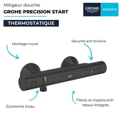 Robinet De Douche|Grohe Mitigeur de douche thermostatique Precision Start noir mat + chiffonnette