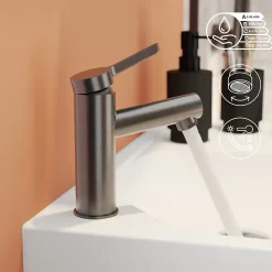 Robinet Lavabo Et Vasque|GoodHome Mitigeur de lavabo avec mousseur orientable, taille M, gun metal, H.14,3 cm, Maza