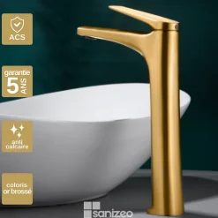 Robinet Lavabo Et Vasque|Imex Mitigeur de Lavabo Bec Haut Anti-Calcaire Or Brossé DELOS BDD055-3OC