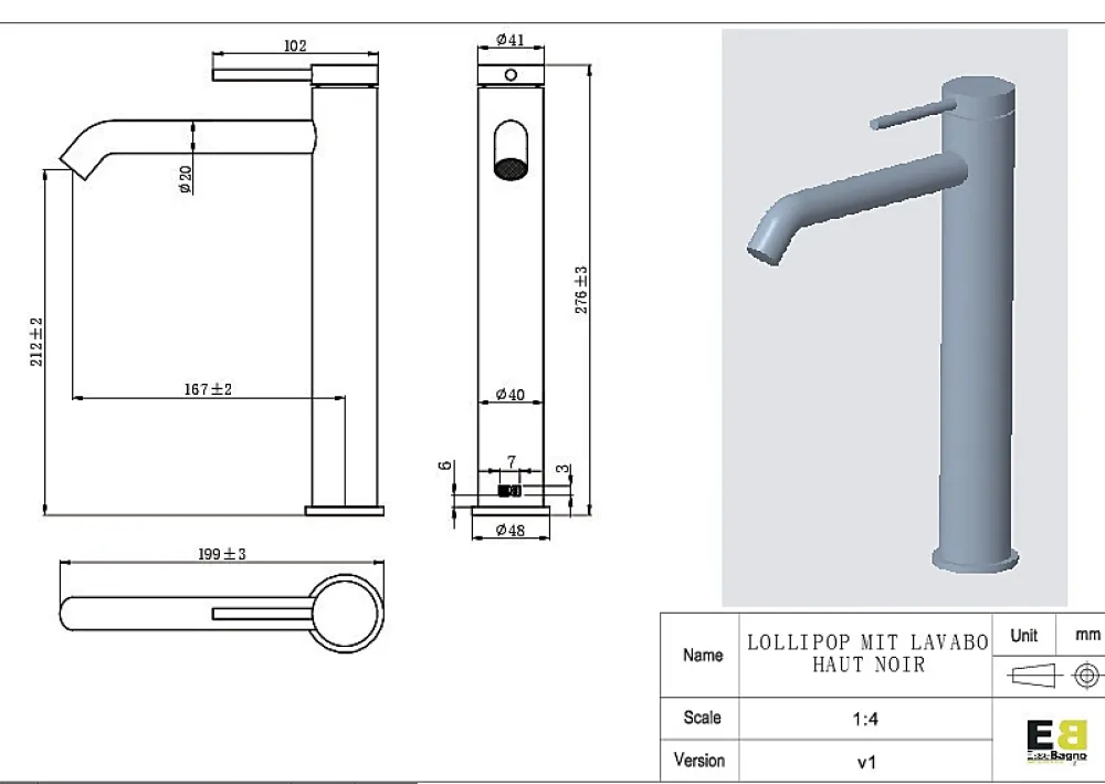 Essebagno Mitigeur de lavabo H.27,6 cm, noir, Lollipop