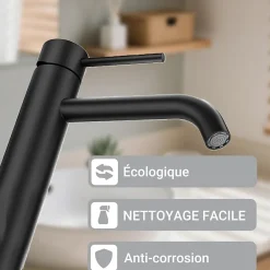 Robinet Lavabo Et Vasque|AICA Sanitaire Mitigeur de lavabo haut, noir, monocommande, acier inoxydable, mixte froid/chaud