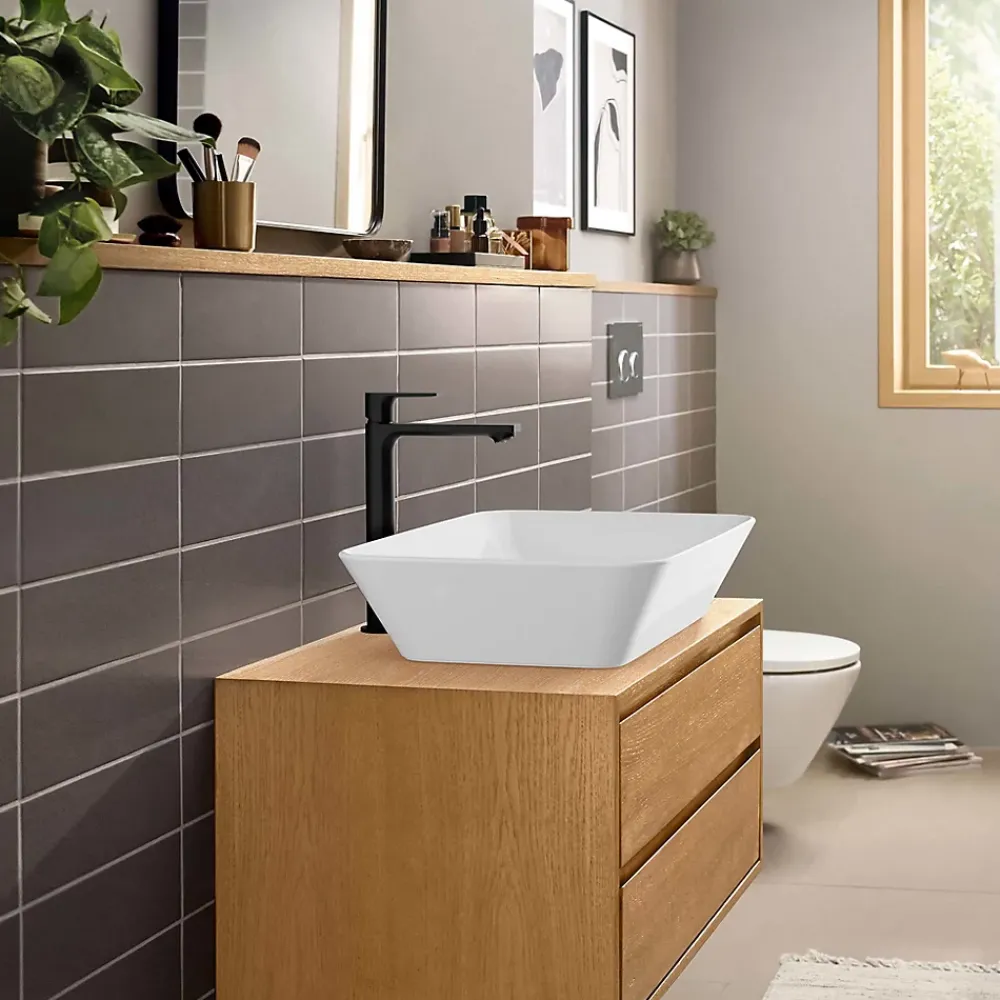 Hansgrohe Mitigeur de lavabo pour vasque à poser avec tirette et vidage noir mat, Rebris E 240 CoolStart