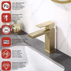 Robinet Lavabo Et Vasque|Poalgi Mitigeur de lavabo SKY BATH or brossé PVD Inox S304 série Army