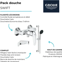 Colonne De Douche Mécanique|Grohe Mitigeur douche mécanique Swift 2023 + Ensemble de douche 2 jets avec barre + Tablette de douche d'angle