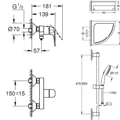 Colonne De Douche Mécanique|Grohe Mitigeur douche mécanique Swift 2023 + Ensemble de douche 2 jets avec barre + Tablette de douche d'angle