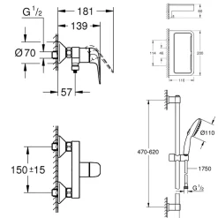 Grohe Mitigeur douche mécanique Swift 2023 + Ensemble de douche 2 jets avec barre + Panier douche