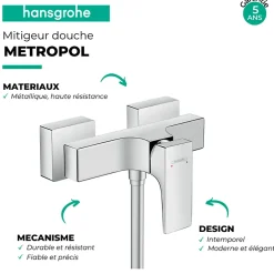 Hansgrohe Mitigeur douche mécanique Metropol noir chromé brossé