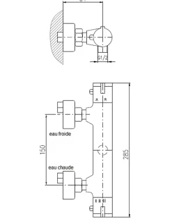 Robinet De Douche|Rav Mitigeur douche mural thermostatique laiton chromé sortie douchette bas-Chromé-Avec douchette à support fixe-Chromé--28.5 -