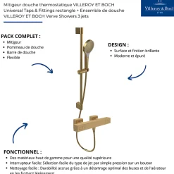 Villeroy & Boch Mitigeur douche thermostatique VILLEROY ET BOCH Universal rectangle + Ensemble de douche Verve Showers 3 jets Or brossé