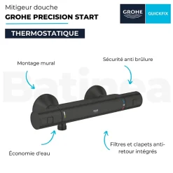 Grohe Mitigeur douche thermostatique Precision Start + Ensemble de douche avec barre 2 jets + Tablette de douche d'angle