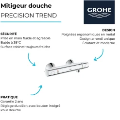 Robinet De Douche|Grohe Mitigeur douche thermostatique Quickfix Precision Trend + microfibre