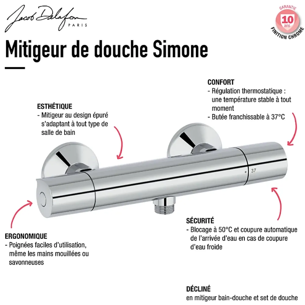 Robinet De Douche|Jacob Delafon Mitigeur douche thermostatique Simone chrome