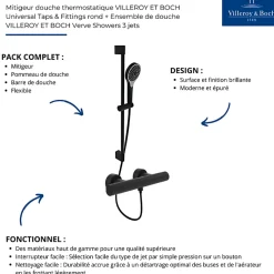 Colonne De Douche Thermostatique|Villeroy & Boch Mitigeur douche thermostatique VILLEROY ET BOCH Universal rond + Ensemble de douche Verve Showers 3 jets noir mat