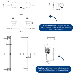 Villeroy & Boch Mitigeur douche thermostatique VILLEROY ET BOCH Universal rond + Ensemble de douche Verve Showers 3 jets Or brossé