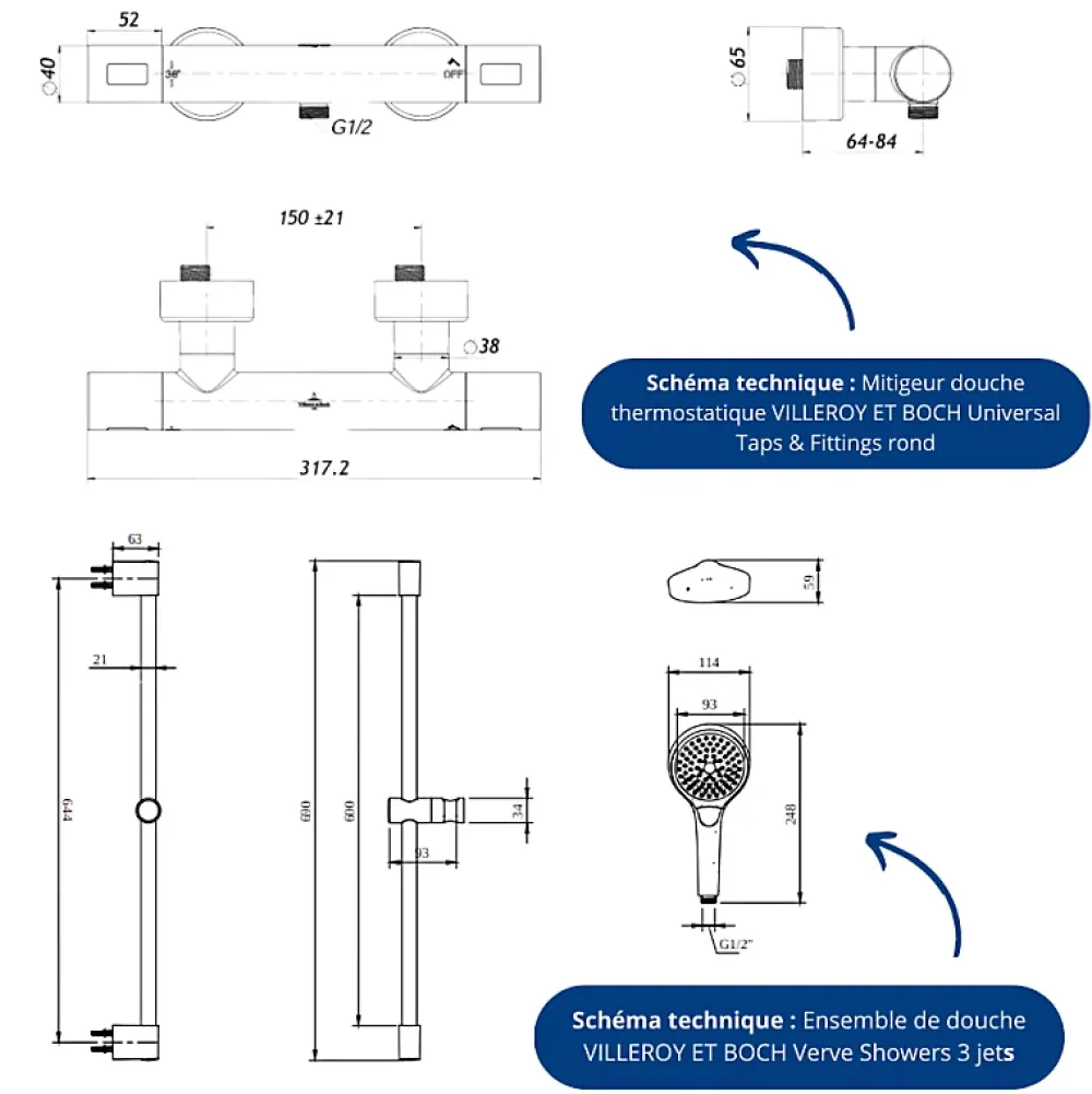 Villeroy & Boch Mitigeur douche thermostatique VILLEROY ET BOCH Universal rond + Ensemble de douche Verve Showers 3 jets Or brossé