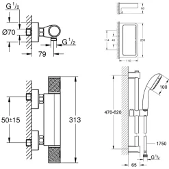 Grohe Mitigeur douche thermostatique Precision Start + Ensemblede douche avec barre 2 jets + Panier douche