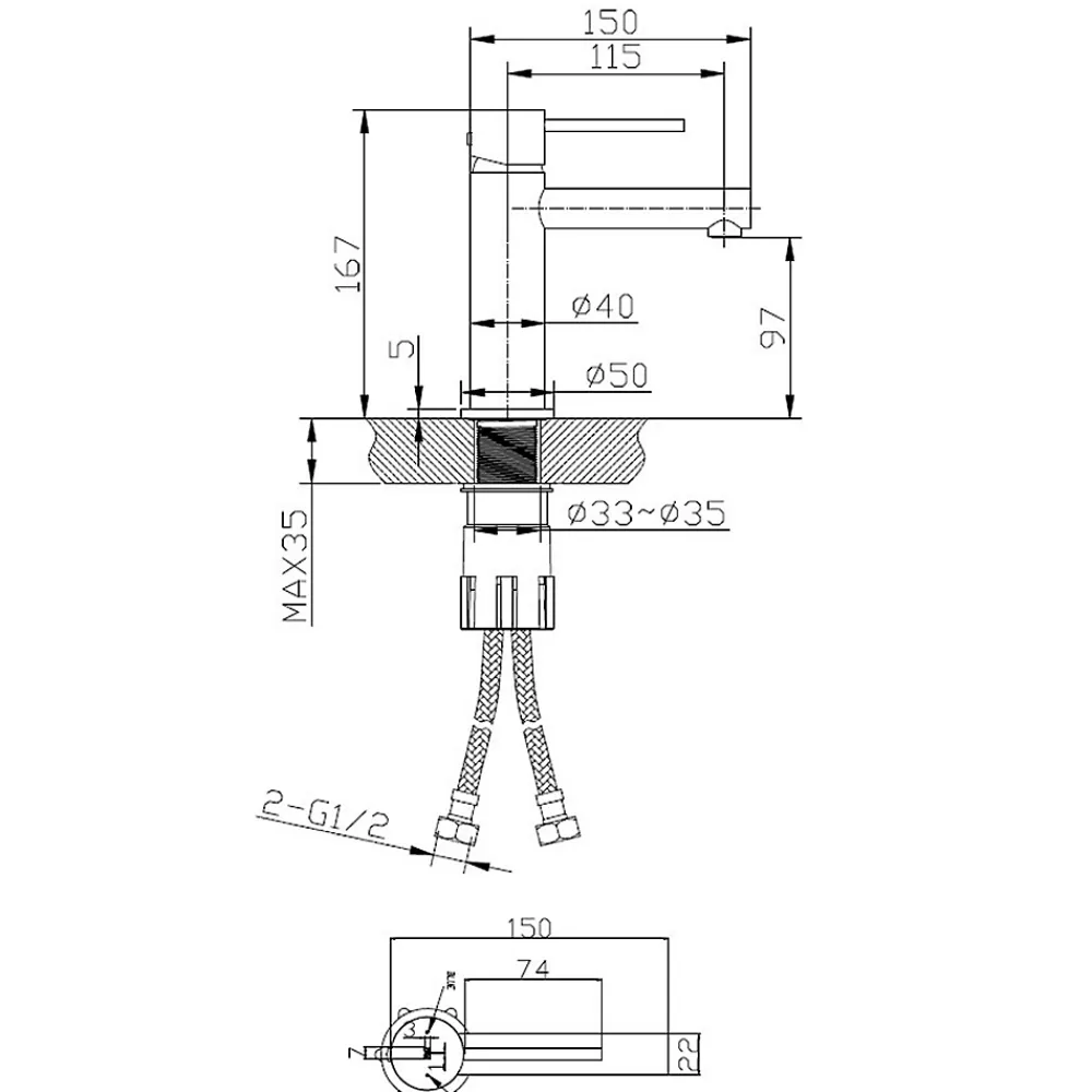 Essebagno Mitigeur lavabo bas cuivre brossé Luisa
