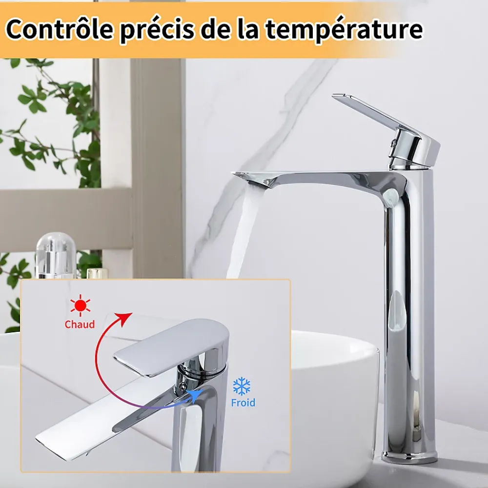 Homelody Mitigeur Lavabo Chromé Bec Haut Monocommande Robinet de Lavabo Eau Chaude et Froide pour Vasque à Poser Salle de Bain