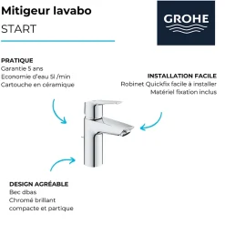Robinet Lavabo Et Vasque|Grohe Mitigeur lavabo Quickfix Start 2021 avec tirette et vidage chromé taille S