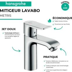 Hansgrohe Mitigeur lavabo Metris 110 CoolStart avec tirette et vidage chromé