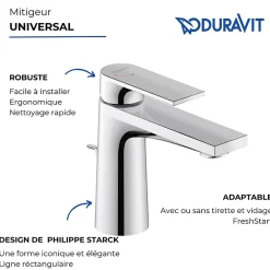 Robinet Lavabo Et Vasque|Duravit Mitigeur lavabo taille S Tulum Freshstart chromé sans tirette ni vidage