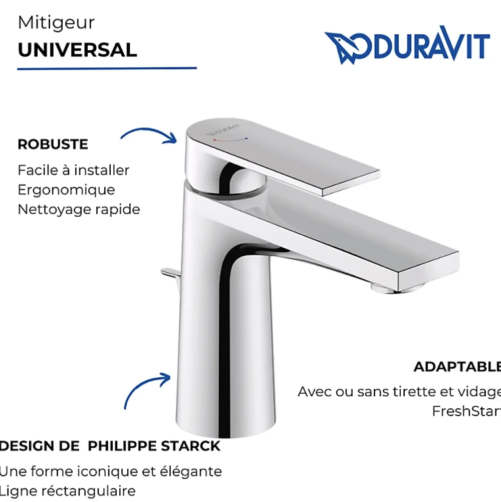 Robinet Lavabo Et Vasque|Duravit Mitigeur lavabo taille S Tulum Freshstart chromé sans tirette ni vidage